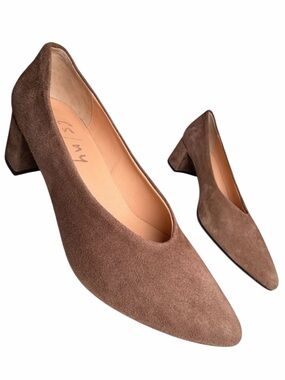 French Sole FS/NY Kelly Suede Block Heel Pumps Taupe Made in Italy Size 8